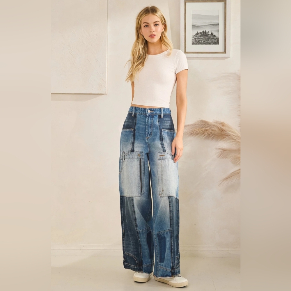 Oli & Hali Upside-Down Wide-Leg Jeans in Light & Dark Blue size Large - Picture 4 of 12